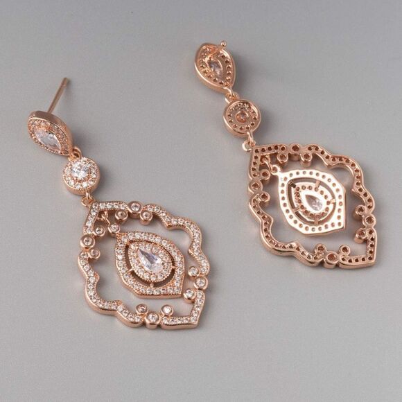 14K Rose Gold with White Diamond CZ Art Deco Chandelier Post Back Drop Earrings - Picture 3 of 6